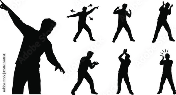 Fototapeta Vector art of a collection of silhouette poses of a man dancing and gesturing.