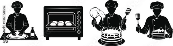 Fototapeta Vector art of a chef is preparing pizza, baking bread in the oven, and decorating a cake.