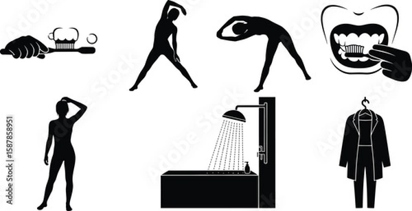 Fototapeta Vector art of a collection of daily morning routine silhouettes including showering, brushing teeth, and stretching.