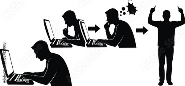 Fototapeta Vector art of a person is using a computer, encountering a problem, and finding a solution.