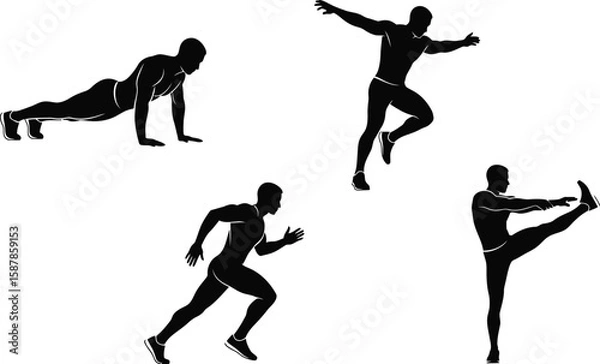 Fototapeta Vector art of a man is doing various exercises, including running, stretching, and pushups.