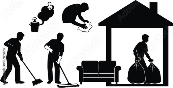 Fototapeta Vector art of a cleaning service is cleaning a house with various tools and equipment.