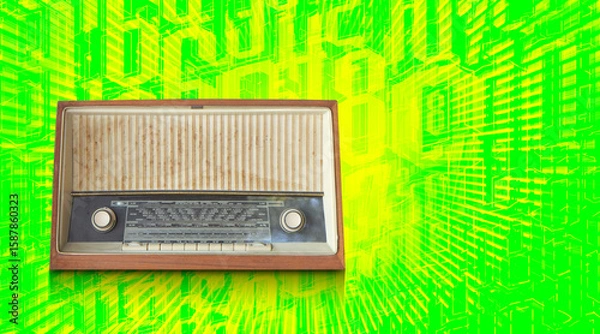 Fototapeta front old brown and white radio on blur numbers stack of various sizes and speed laser on green and yellow background, maths, business, copy space