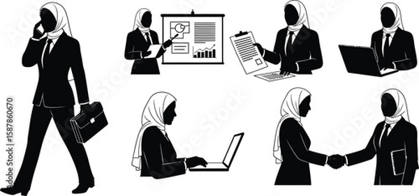 Fototapeta Vector art of a collection of silhouette illustrations showcases a businesswoman in various professional settings.
