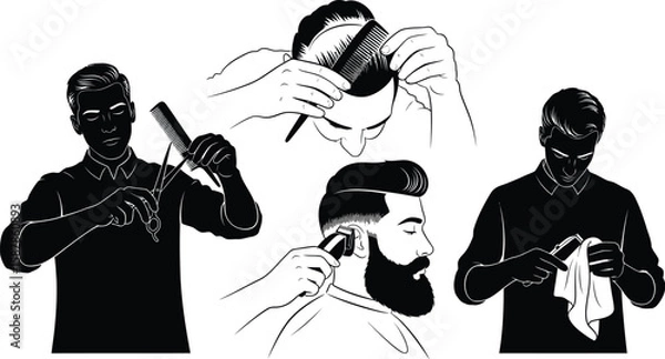 Fototapeta Vector art of a collection of vector illustrations depicting a barber giving a haircut, styling hair with a comb, and grooming a beard with clippers.