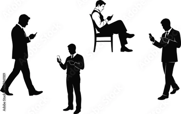 Fototapeta Vector art of a set of silhouette illustrations showing men using smartphones in various poses, including walking, sitting, and standing.