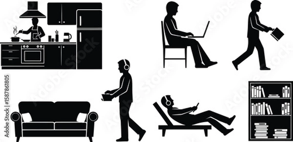 Fototapeta Vector art of a collection of silhouette illustrations depicting various home activities, including cooking, reading, working on a laptop, and relaxing on a sofa.