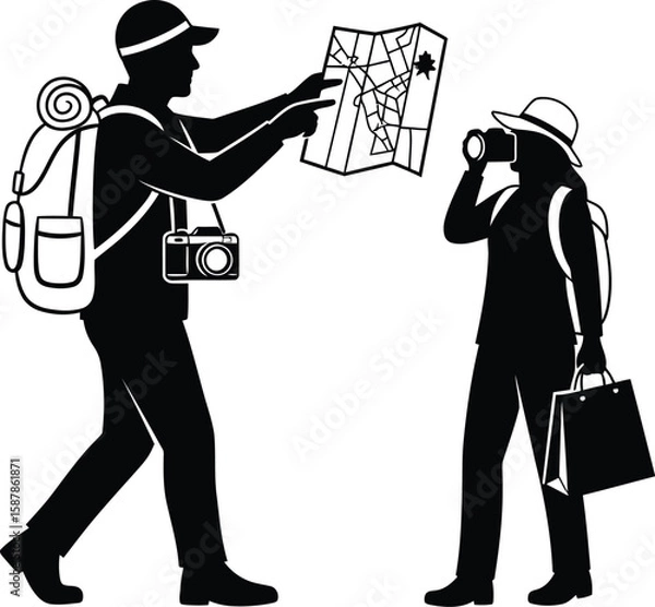 Fototapeta Vector art of a tourist couple is exploring a map and taking photos.