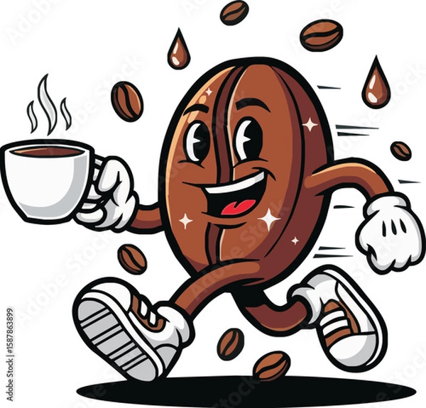 Fototapeta Cartoon coffee bean character running with a cup of coffee, surrounded by coffee beans and steam.