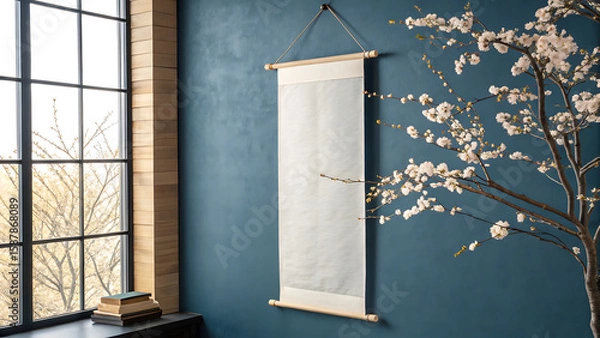 Fototapeta A blank scroll hangs on a blue wall next to a window and cherry blossom branch, creating a serene interior mockup