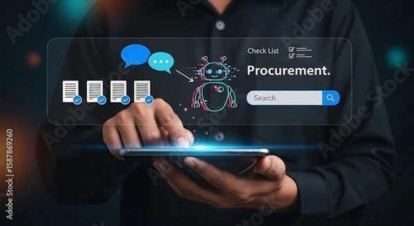 Obraz  AI Procurement Interface.Smart Procurement Workflow with AI , Procurement and AI Chatbot, AI Procurement Dashboard,Digital Procurement Strategy Visualization,AI Integration in Business Procurement.