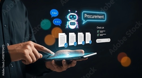 Obraz  AI Procurement Interface.Smart Procurement Workflow with AI , Procurement and AI Chatbot, AI Procurement Dashboard,Digital Procurement Strategy Visualization,AI Integration in Business Procurement.