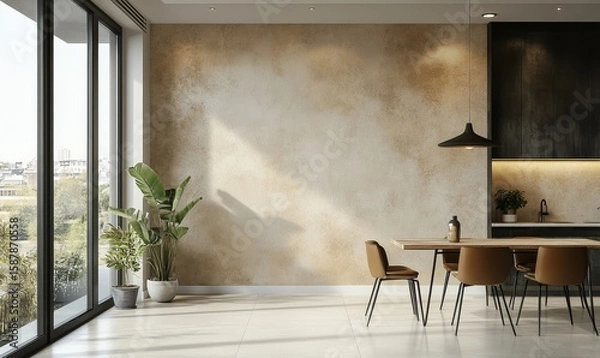 Fototapeta Interior design of a modern living room with a blue sofa, mock-up frames on the wall, and wooden paneling, offering a balanced and contemporary home design, Generative AI