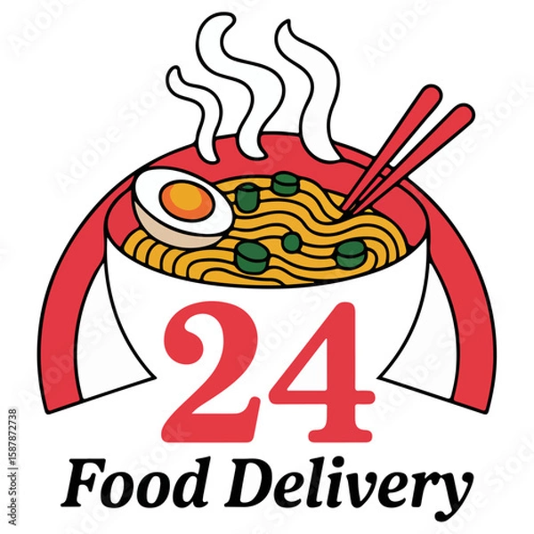 Fototapeta 24 Hour Food Delivery Logo with Steaming Bowl and Clock