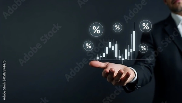 Fototapeta a business suit holding out their hand, on which a glowing, translucent financial graph (a candlestick chart) appears to be projected or displayed. Several glowing percentage symbols are floating arou