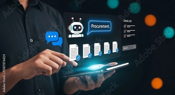 Obraz  AI Procurement Interface.Smart Procurement Workflow with AI , Procurement and AI Chatbot, AI Procurement Dashboard,Digital Procurement Strategy Visualization,AI Integration in Business Procurement.