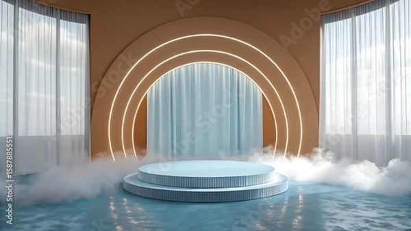 Fototapeta Elegant Product Display Stage with Light Blue Platform Curtain Backdrop and Decorative Arches with Neon Lights for Product Presentation