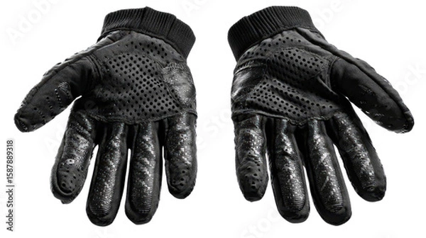 Fototapeta Black coated nylon gloves with grip dots background isolated on a Transparent background, PNG file.