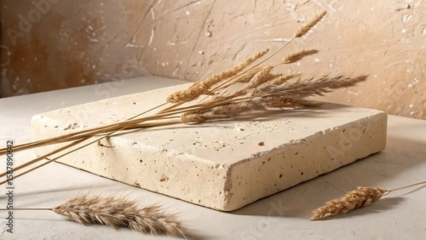 Fototapeta Minimalist Product Display Platform with Natural Stone Texture and Dried Grasses for Cosmetic or Jewelry Presentation in Neutral Tones