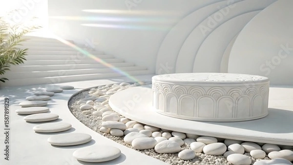 Fototapeta Minimalist White Podium with Stone Accents in a Bright Modern Architectural Setting for Product Presentation and Display Purposes