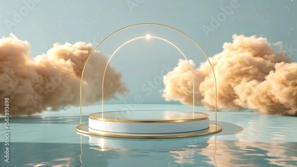 Fototapeta Luxury Podium with Golden Arch and Clouds for Product Display Cosmetic Presentation or Advertising Background Soft Pastel Colors and Dreamy Atmosphere 3D Rendering