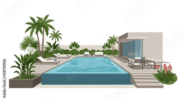 Fototapeta Modern tropical poolside retreat with palm trees and minimalist decor