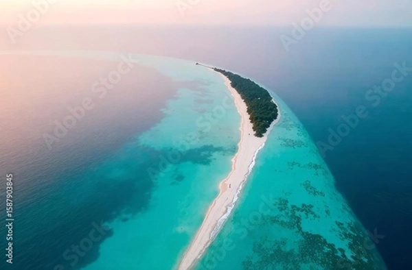 Obraz an island in the middle of the ocean. with a snow-white beach on the background of blue water, bungalows, tourism, beach holidays