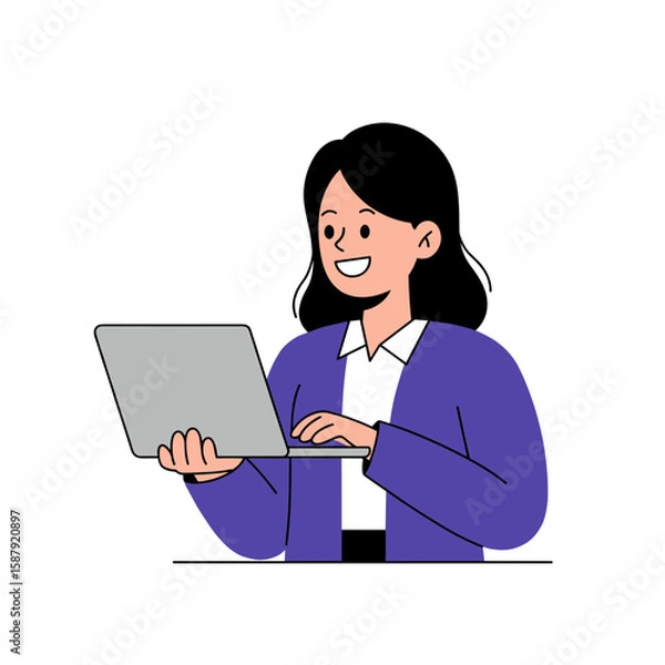 Fototapeta Young woman smiling while using laptop in modern workspace  