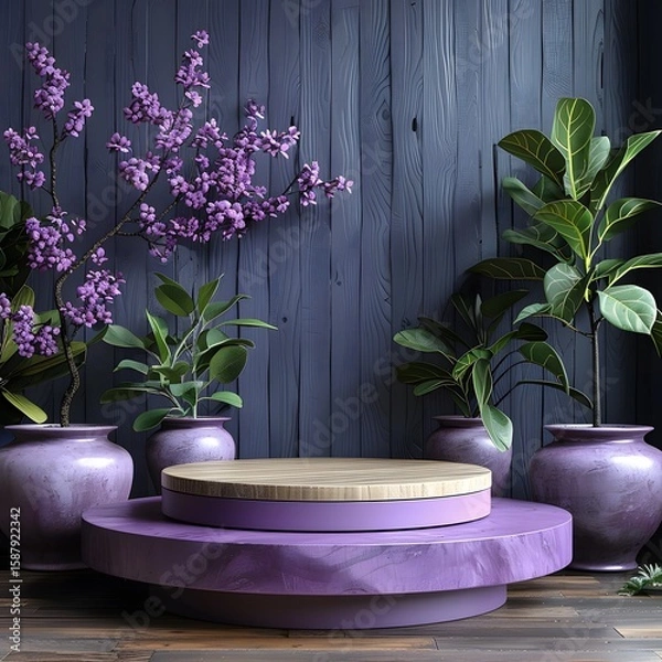 Fototapeta Modern luxury 3d round podium in violet tones designed for premium product presentation mockup scene using smooth elegant surfaces realistic textures professional minimalist branding.