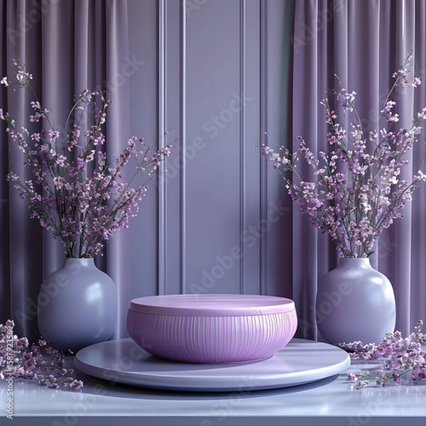 Fototapeta Modern luxury 3d round podium in violet tones designed for premium product presentation mockup scene using smooth elegant surfaces realistic textures professional minimalist branding.
