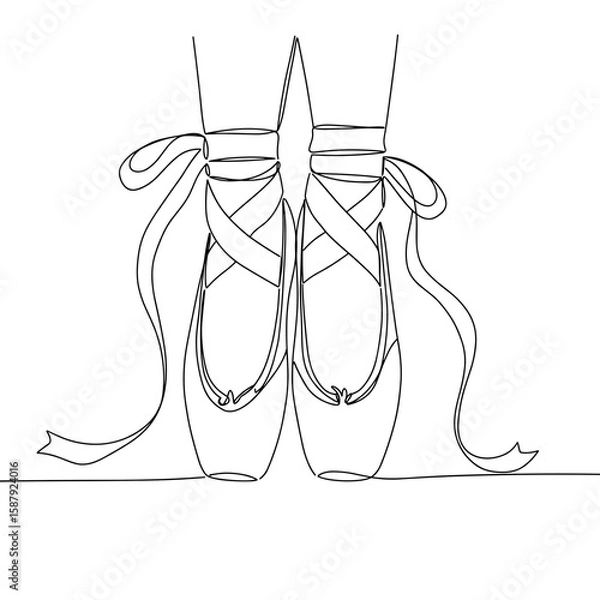 Fototapeta Line drawing of ballet pointe shoes with ribbons on the floor  