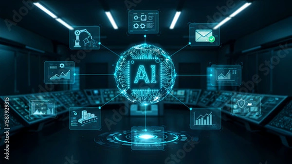 Fototapeta Futuristic AI agent hologram managing automated workflows with interactive data dashboards
