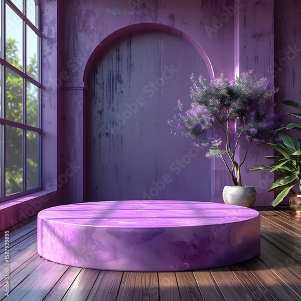 Fototapeta Modern luxury 3d round podium in violet tones designed for premium product presentation mockup scene using smooth elegant surfaces realistic textures professional minimalist branding.