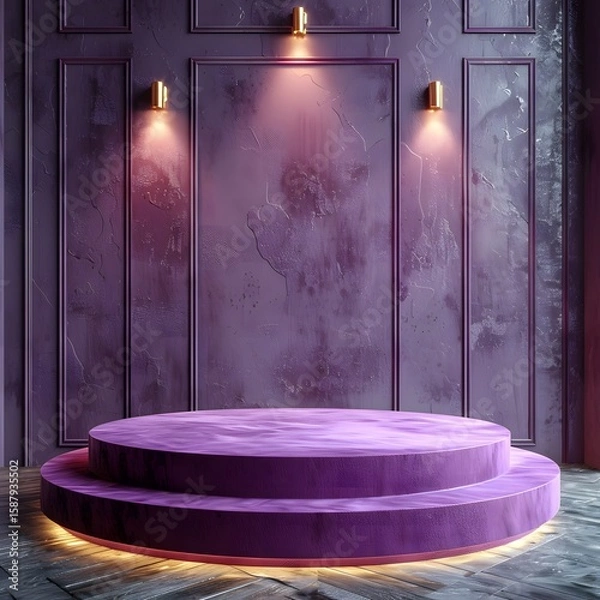 Fototapeta Modern luxury 3d round podium in violet tones designed for premium product presentation mockup scene using smooth elegant surfaces realistic textures professional minimalist branding.