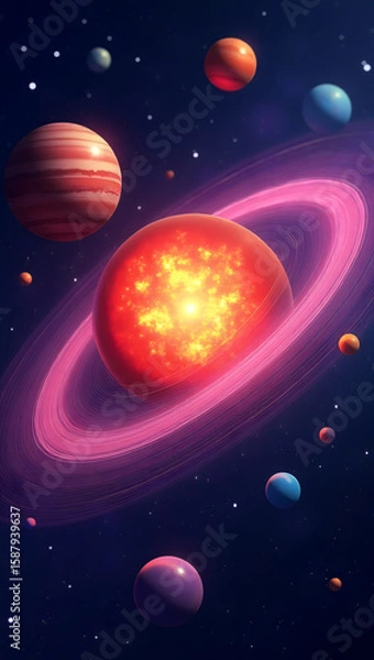 Obraz Colorful Abstract Solar System with Glowing Planets and Rings in Outer Space