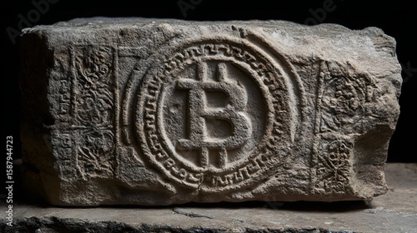 Fototapeta Ancient Stone Carving with Bitcoin Symbol: A Glimpse into the Future of Finance
