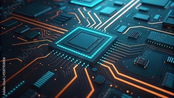 Fototapeta Close up of a futuristic glowing blue computer processor on a circuit board