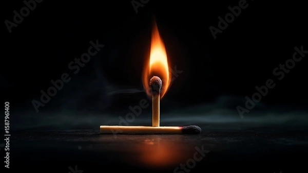 Fototapeta Ignition concept of a burning matchstick with centered flame in a minimalist background fire closeup