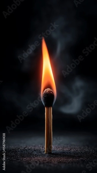 Fototapeta Ignition concept centered flame of a burning matchstick minimalist background fire closeup