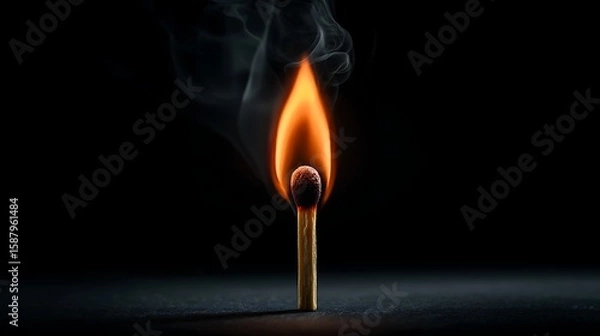Fototapeta Ignition concept of a burning matchstick with centered flame fire closeup in a minimalist background