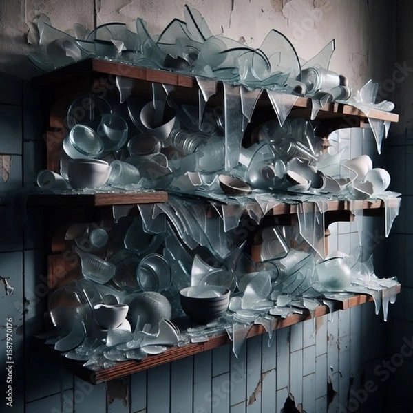 Fototapeta A broken glass shelf the shards still resting on the brackets ea