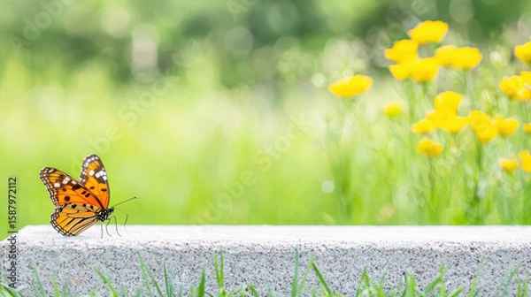 Obraz Vibrant butterfly rests on stone in lush green field, surrounded by bright yellow flowers, creating serene atmosphere