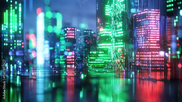 Fototapeta Futuristic city skyline with vibrant neon lights reflecting on surface, showcasing advanced technology and urban design