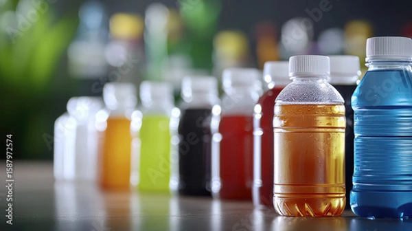 Fototapeta Refreshing sports drinks in various colors and flavors lined up on table, showcasing hydration options for athletes