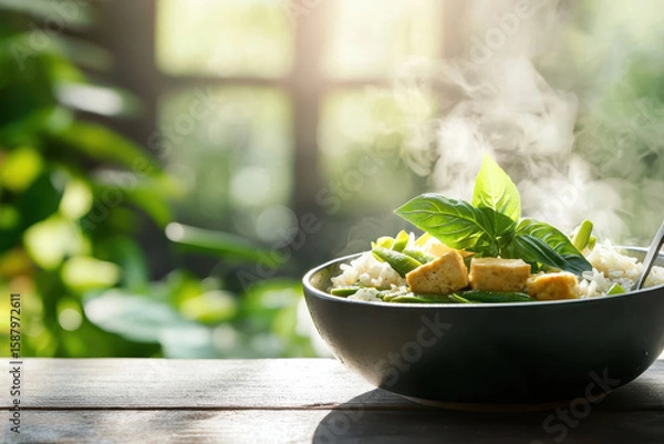Obraz Steaming vegan green curry with tofu and fresh basil served in bowl, surrounded by lush green background