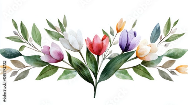 Fototapeta Beautiful arrangement of tulips in various colors, surrounded by green leaves, creating vibrant floral display
