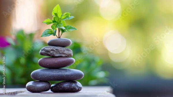 Obraz Balanced stack of smooth stones with small green plant growing on top, symbolizing harmony and nature beauty