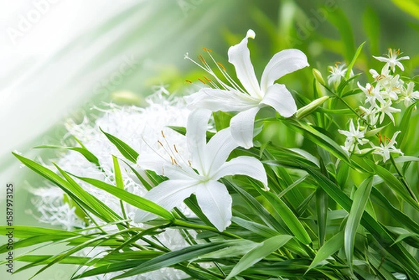 Obraz Beautiful white lilies and delicate flowers surrounded by lush green foliage create serene and calming atmosphere
