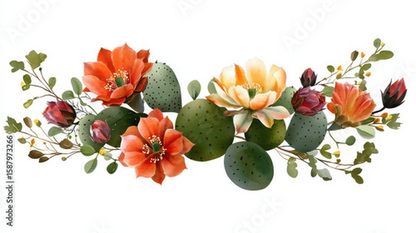 Fototapeta Watercolor botanical illustration featuring vibrant flowers and green cacti, creating lively and colorful composition