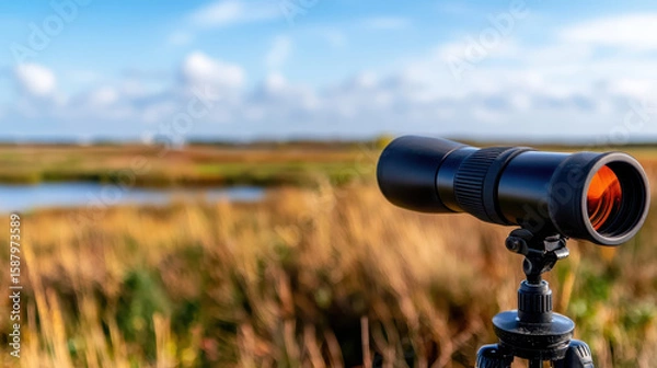 Obraz Telescope on tripod overlooking wetland landscape, perfect for birdwatching and nature observation
